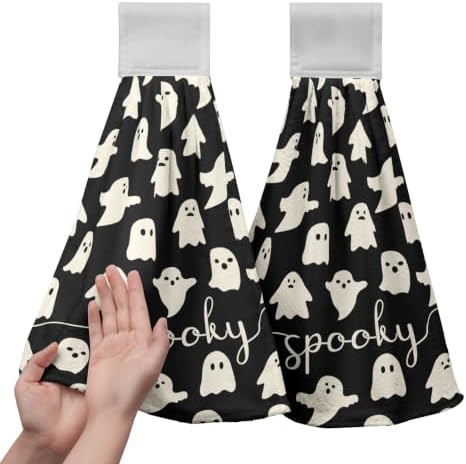 Halloween Kitchen Hanging Towel Set of 2 Black White Spooky Ghost Kitchen Hand Towels with Hanging Loops Dish Washcloth Soft Absorbent Bath Tie Towel for Bathroom Decor