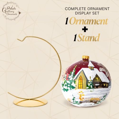 Hand Blown Glass Christmas Ornaments Ball, Cottage Burgundy 6 in + Stand
