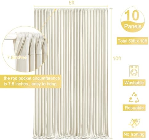 10 Panels Beige Backdrop Curtain for Wedding Parties Wrinkle Free Beige Photo Curtains Backdrop Drapes Fabric Decoration for Baby Shower Photography 50ft(W) x 10ft(H)