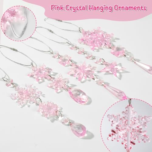 20pcs Crystal Christmas Ornaments for Christmas Tree Decorations-Light Pink Hanging Acrylic Snowflake and Icicle Ornaments with Drop Pendants for New Year Party Decorations Supplies