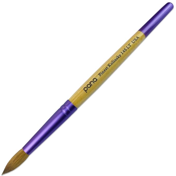 PANA Pure Kolinsky Hair Acrylic Nail Brush - Round Shape Purple Ferrule with Beige Wood Handle (Size 14) - Nail Brush for Acrylic Nail Application, Nail Extension, Manicure Pedicure Salon Beginner and