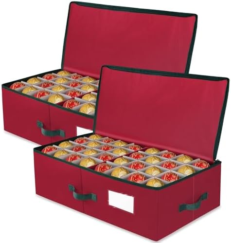 BlessedSeason Christmas Ornament Storage Box with Adjustable Dividers, Cube Storage Containers Organizer *2, Stackable Storage Bins Fit Balls (36 PCS 4’’ & 64 PCS 3”) Dual Zipper, Handles, Visual Slot