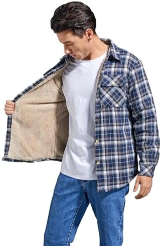 Men's Sherpa Cotton Flannel Shirt Jacket Plaid Button Coat Pocket