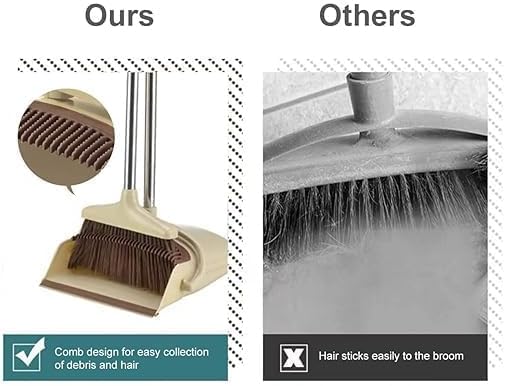 Stainless Steel & Plastic Broom Brush with Dustpan Combo Set,Premium 180° Rotating Removable Brush with Extendable Long Handle, Upright and Lightweight Floor Cleaning for Home Room Office Lobby