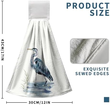Blue Heron Coastal Hanging Hand Towels Set of 2 Summer Nautical Ocean Beach Themed Kitchen Towels with Hanging Loop Sea Bird Pelican Dish Towel Soft Absorbent Guest Fingertip Bath Towel for Bathroom