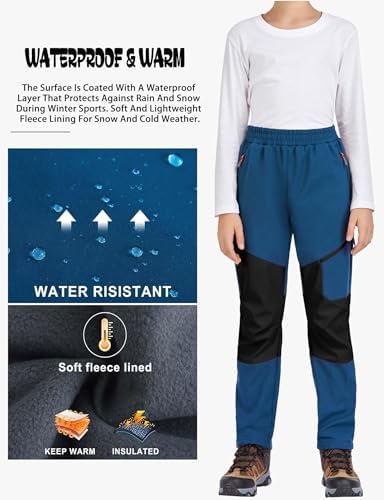 Kids Winter Pants Fleece Lined Waterproof Boys Ski Pants Thermal Outdoor Softshell with Zipper Pockets