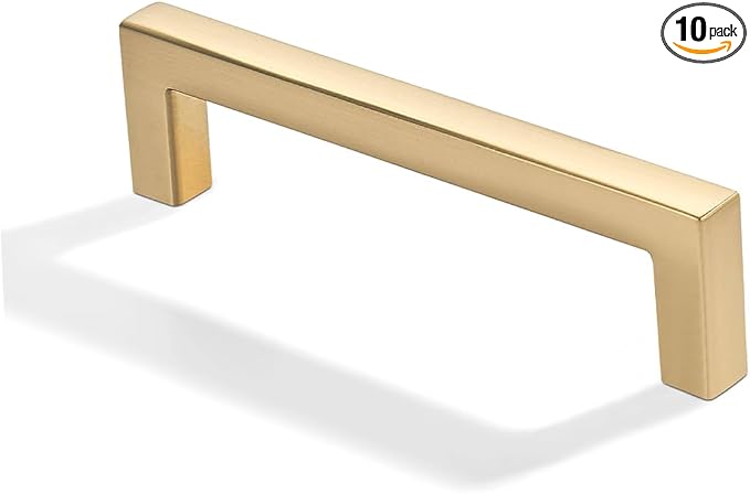 khtumeware 10 Pack 3-3/4 inch(96mm) Hole Center Brushed Gold Cabinet Pulls Solid Heavy-Duty Square Matte Gold Cabinet Handles Drawer Pulls Kitchen Cabinet Hardware Kitchen Handle
