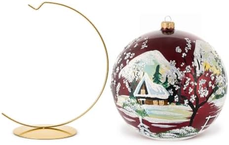 Hand Blown Glass Christmas Ornaments Ball, Cottage Burgundy 8 in + Stand