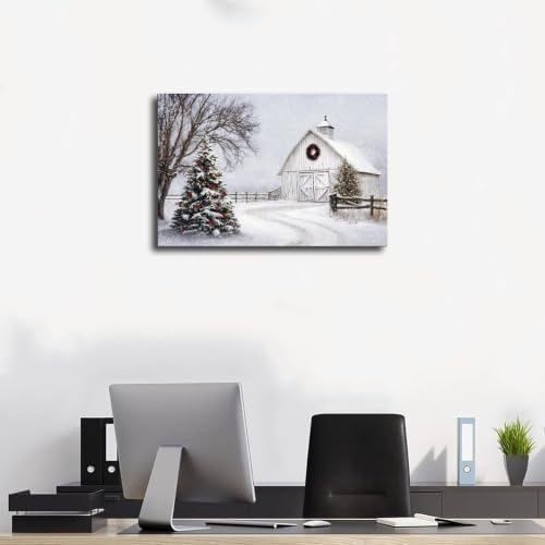 JDBeehpy White Barn Christmas Tree Wreath Oil Painting Unframed 12x18inch