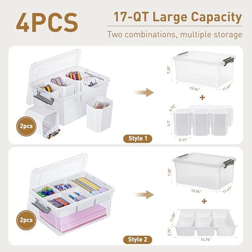 Citylife 17QT 4Packs Clear Craft Organizers and Storage Bins with Lids