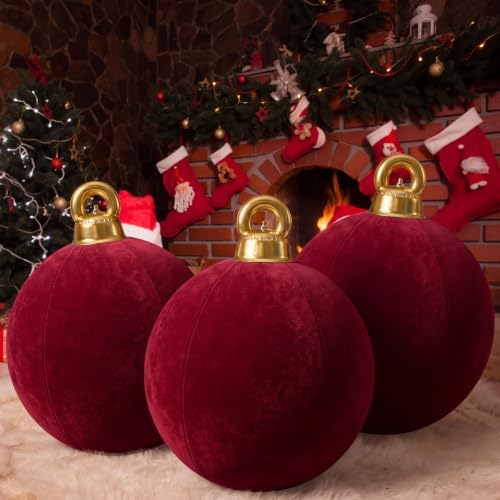 Jetec 3 Pcs 32 Inch Giant Burgundy Velvet Christmas Inflatable Balls