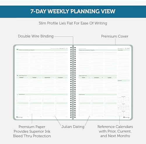 Planner Pad Spiral Bound January-December 2026/ Calendar Year 8 1/2" x 11" Large 3-Tier Funnel Down 12 Month Organizer, Greenish Grey Cover/Soft Green Ink