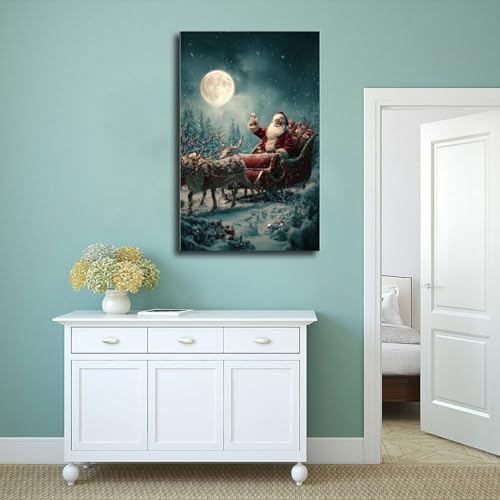 JDBeehpy Santa Claus Sleigh Reindeer Canvas Painting Unframed 12x18inch
