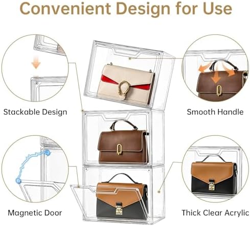 Purse Organizer for Closet,Clear Acrylic Display Case for Handbag Organizer, Purse Storage Box with Magnetic Door, Plastic Storage Bins for Book, Collectibles, Cosmetic (5 Pack)