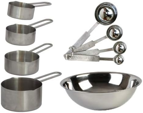 TigerChef 9-Piece Deluxe Stainless Steel Measuring Cups and Measuring Spoon Set and Bonus Mixing Bowl