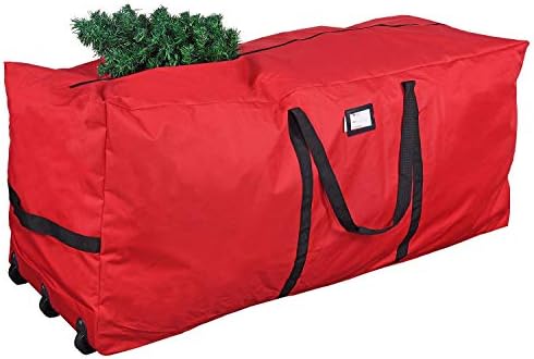 Rolling Tree Storage Bag, Fits Up to 9 foot Disassembled Holiday Tree, 28" Height X 16" Wide X 60" Long Extra Large Heavy Duty Storage Container with Wheels (Red)