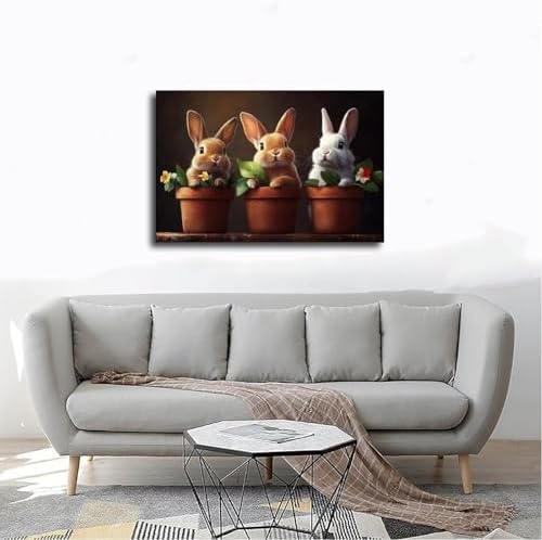 JDBeehpy Three Rabbits in Flowerpot Wall Art Painting Unframed 24x36inch