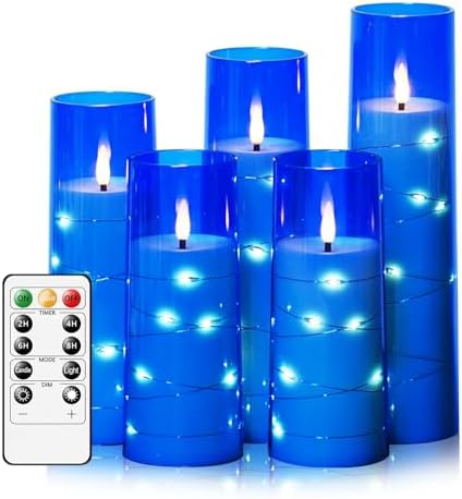 kakoya Flameless LED Candles with Timer 5 Pc Flickering Flameless Candles for Romantic Ambiance and Home Decoration Stable Acrylic Shell,with Embedded Star String，Battery Operated Candles（Blue）