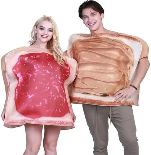 Kute 'n' Adult Peanut Butter and Jelly Costume Set, Funny PB&J Sandwich Halloween Couple Costumes for Women and Men, Set of 2, One Size