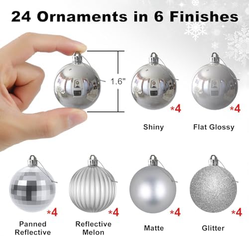 Silver 1.6" Small Christmas Balls Christmas Tree Decoration Ornaments Shatterproof Hanging Balls for Birthday Halloween Holiday Wedding Decorations Set of 24pcs