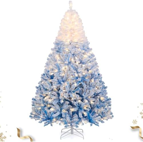 HAPPYGRILL 7 FT Pre-lit Flocked Christmas Tree Blue Hinged Xmas Tree with 1264 Branch Tips, 350 Warm White LED Lights & Folding Metal Stand, for Home Office Carnival