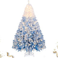 HAPPYGRILL 7 FT Pre-lit Flocked Christmas Tree Blue Hinged Xmas Tree with 1264 Branch Tips, 350 Warm White LED Lights & Folding Metal Stand, for Home Office Carnival