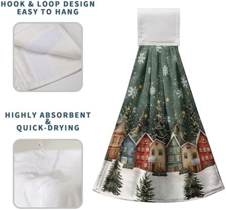 Christmas Hanging Hand Towels Xmas Wonderland Forest House Dish Towel with Hanging Loops Winter Rustic Farmhouse Kitchen Tie Towel Soft Absorbent Fingertip Bath Tie Towel for Bathroom Set of 2