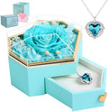 Preserved Cyan Real Rose with Necklace Forever Flowers Diamond shaped Box for Mom Wife Girlfriend Grandma on Mothers Day Birthday Valentines Christmas Anniversary Beatiful Gifts for women