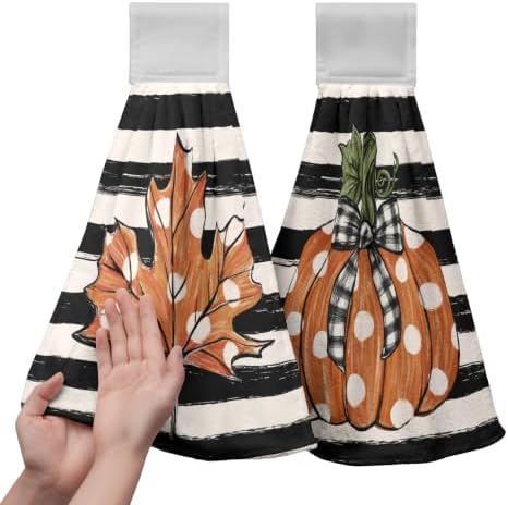 Autumn Striped Polka Dot Pumpkin Kitchen Hanging Towels Fall Buffalo Check Bow Maple Leaves Hand Tie Towels Washcloths Soft Absorbent Fingertip Bath Towel for Bathroom Decor Set of 2