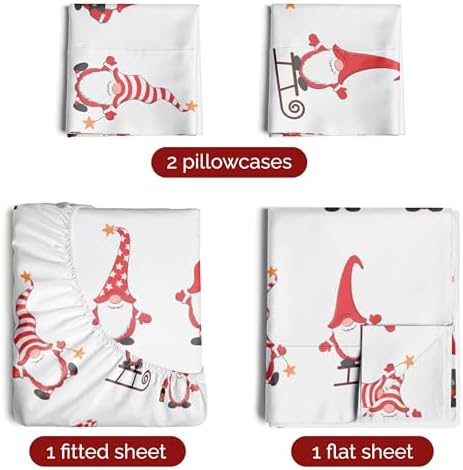 Christmas Sheet Set, Holiday Gnomes Red, Holiday Xmas Bedding Set - Queen