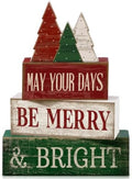 Lineshading 4 Pcs Christmas Table Decor, Wooden Tree Block Signs Home