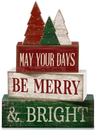 Lineshading 4 Pcs Christmas Table Decor, Wooden Tree Block Signs Home