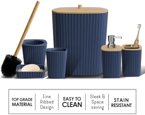 Clara Clark Bathroom Set - Navy Blue Bathroom Accessories Set, 6PC Bathroom Accessory Set, Bathroom Sets with Bathroom Rugs, Toilet Brush, Trash Can & Soap Dispenser