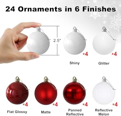 Red & White 2.5" Christmas Balls Christmas Tree Decoration Ornaments Shatterproof Hanging Balls for Birthday Halloween Holiday Wedding Decorations Set of 24pcs