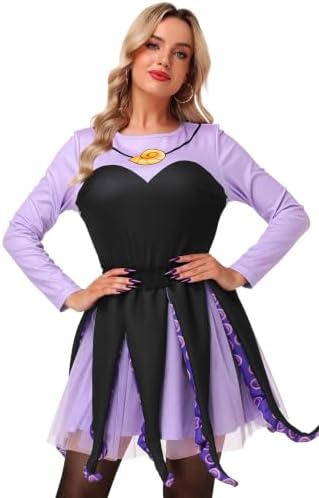 AOBUTE Adult Halloween Octopus Costume Set Plus Size Purple Tentacle Dress
