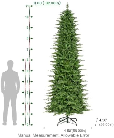 Glitzhome 11ft Prelit Christmas Tree, Realistic Pencil Artificial Christmas Tree with 4,205 Tips, Radiant Slim Evergreen with 2,700 Warm White & Multi-Color Chasing and Twinkling Lights, Easy Assembly