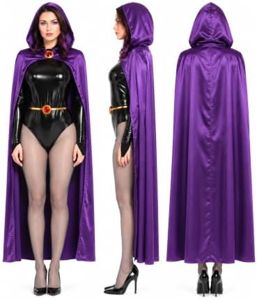Raven Costume Set for Women with Hooded Cape Bodysuit and Gem Belt