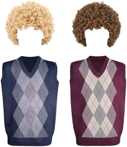 Halloween Cosplay Costume with Afro Fluffy Wigs, Thick Argyle Sweater Vests