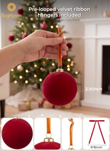 51 Pcs Christmas Velvet Ornament Set – 15 Velvet Tree Balls (3.14") & 36 Vintage Ribbon Bows (6×8") – Xmas Tree Hanging Decorations for Indoor Home Decor Burgundy