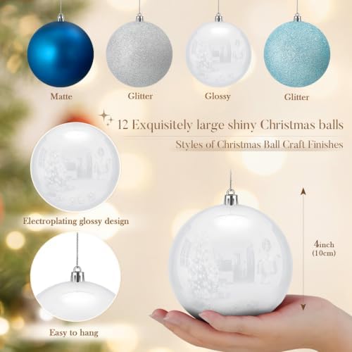 Jenaai 12 Pack Blue Sliver White Large Christmas Ball Ornaments Set, 4 Inch