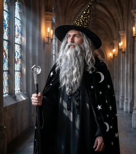 Wizard Costume Men with Wig Wizard Outfit Adult Warlock Robe