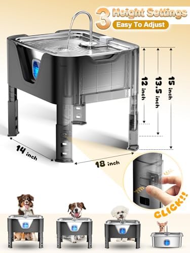 4.2Gal Dog Water Fountain for Large Dogs, 16L Stainless Steel Large Dog Fountain Water Bowl with Deeper & Wider Drinking Tray, Automatic Pet Water Dispenser with Visible Window (with Adjustable Stand)