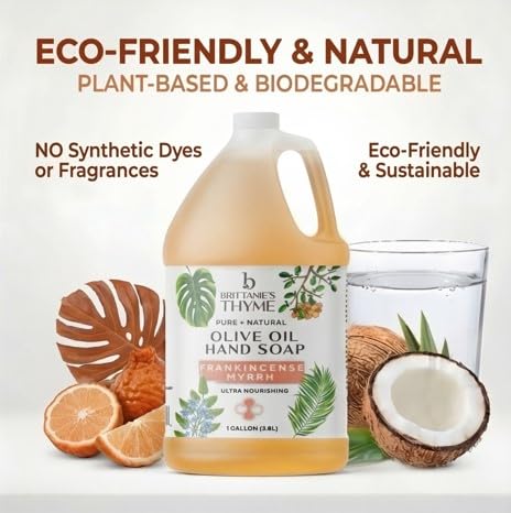 Brittanie's Pure Organic Castile Liquid Olive Oil Soap Refill, Frankincense, 1 Gallon | Face, Body Wash, Dishes, Pets & Laundry | Vegan & Gluten Free Non-GMO