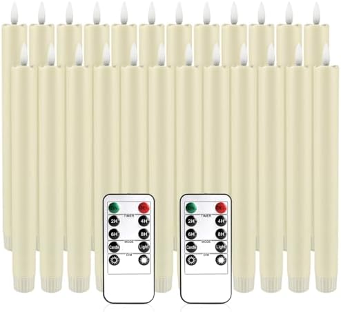 YOROXRG 24 Pack LED Flameless Taper Candles with Timer, Dripless Fake Candlesticks with 3D Flickering Flame, 9.6 Inches White Window Candle for Fireplace Christmas Halloween（Ivory）