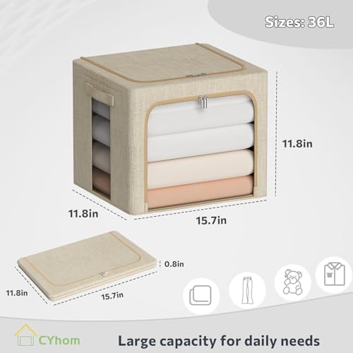 Clothes Storage Bins with Metal Frame, Clear Windows, 36L, Beige, 2-Pack