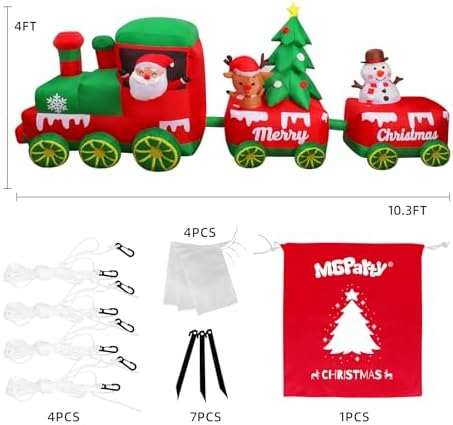 10.7 FT Christmas Inflatables Train with Santa Claus Reindeer Snowman Christmas Tress Built-in LED Lights Blow Up Christmas Decor for Christmas Party Holiday Outdoor Garden Lawn Yard Decorations