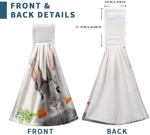 Easter Bunny Hanging Kitchen Towels Spring Easter Grey Rabbit Hand Towels with Hanging Loops Super Absorbent Soft Kitchen Tie Towel Fast Drying Bath Hand Towel for Bathroom Kitchen Set of 2