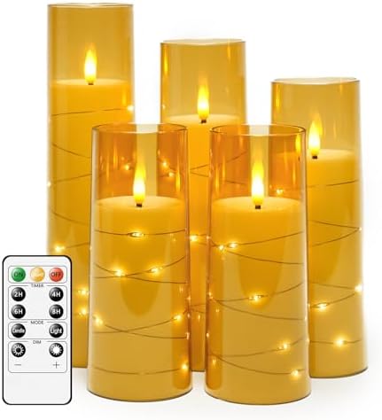 kakoya Flameless LED Candles with Timer 5 Pc Flickering Flameless Candles for Romantic Ambiance and Home Decoration Stable Acrylic Shell,with Embedded Star String，Battery Operated Candles（Gold）