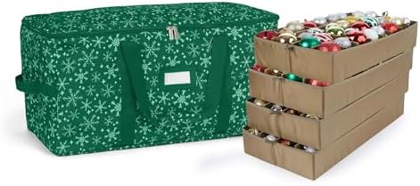 Covermates Keepsakes Adjustable Ornament Storage Bag – Heavy-Duty Polyester, Padded Dividers & FlexGrid Trays – Protective Holiday Ornament Organizer with Handles & Label Window, Green Snowflake
