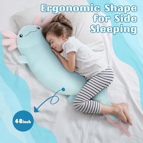 Tezituor 48 inch Blue Axolotl Stuffed Animal Large Plush Body Pillow for Adults Girls 6-12 Valentines Gifts, Glow-in-Dark Plush Toy 4ft Long Stuffed Salamander Halloween Christmas